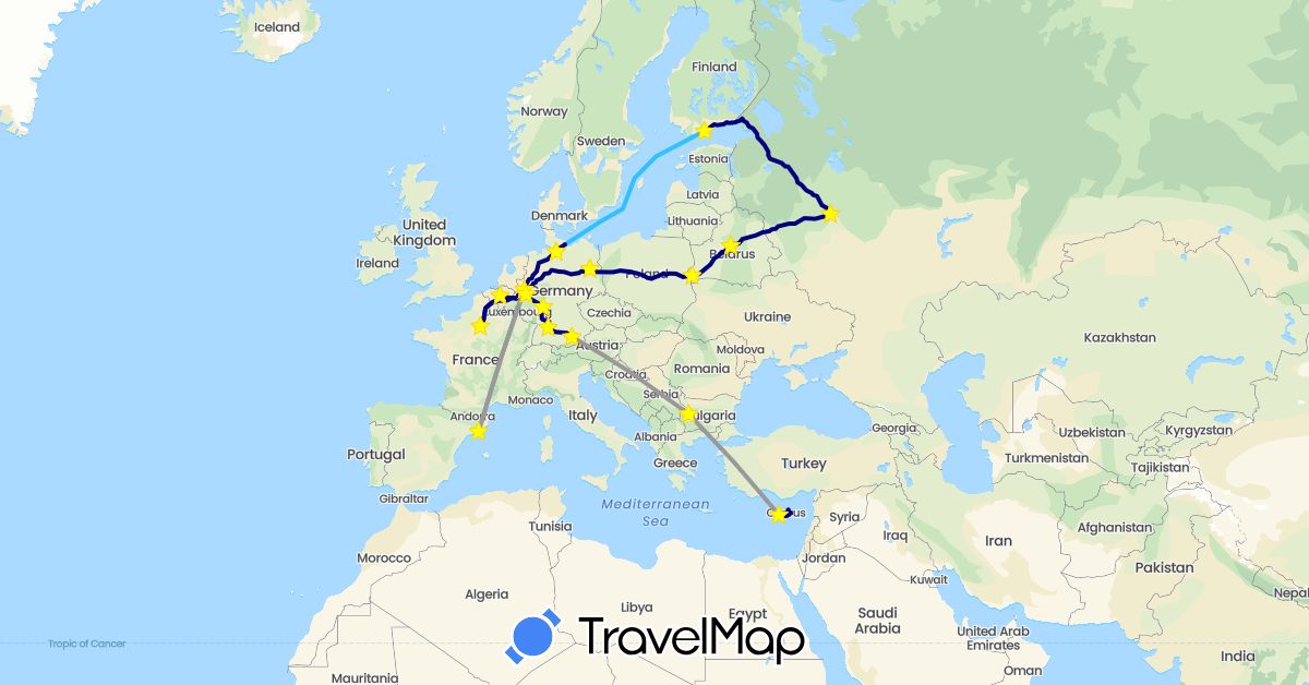 TravelMap itinerary: driving, plane, boat in Belgium, Bulgaria, Belarus, Cyprus, Germany, Spain, Finland, France, Russia (Asia, Europe)