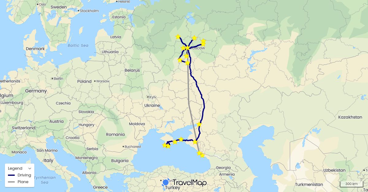 TravelMap itinerary: driving, plane in Georgia, Russia, Ukraine (Asia, Europe)
